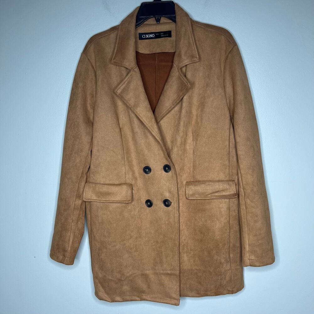 Brown Faux Suede Double-Breasted Blazer Oversized Jacket Women's‎ L Lightweight